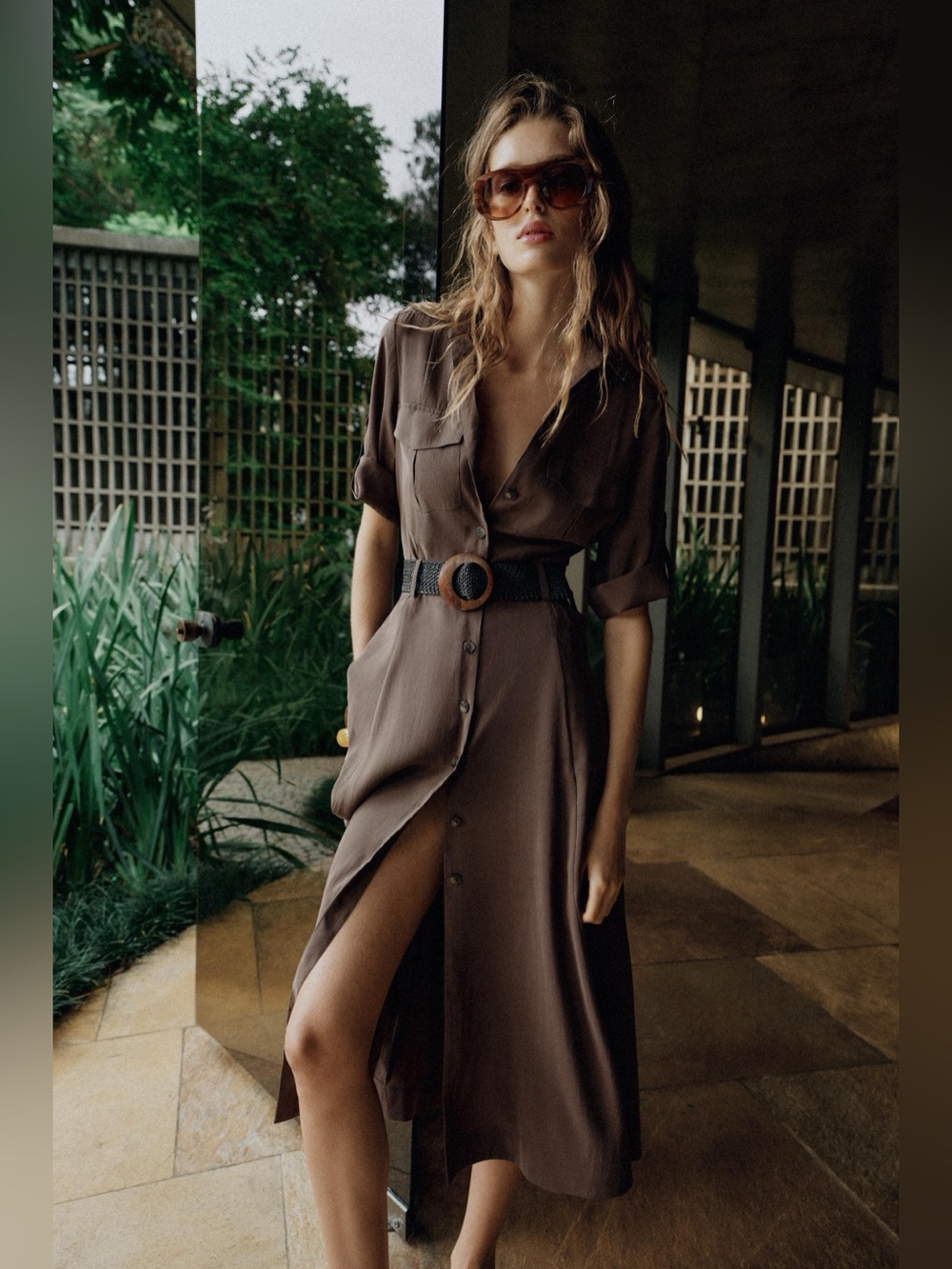 ZARA BELTED FLOWY SHIRT DRESS
